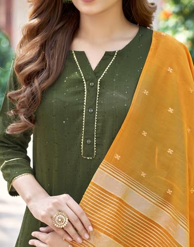 Image of SKYLEE Women's Printed & Gota Lace Cotton Silk Anarkali Kurta Set with Dupatta