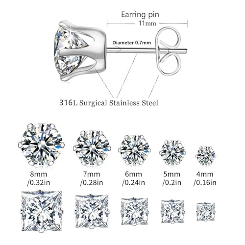 10 Pairs CZ Stud Earrings for Women, Hypoallergenic Earrings for Women Studs Set, Small Stainless Steel Earrings Studs, Cubic Zirconia Earrings for Women men (Square and Round)2