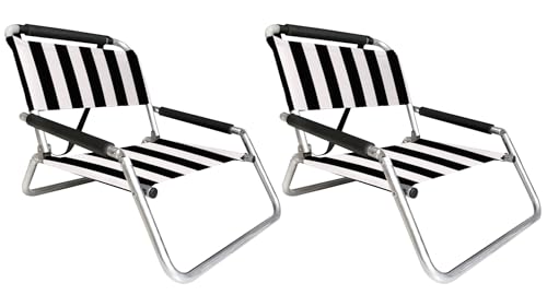 Neso Beach Chairs - Lightweight, Portable and Foldable Recliner Beach Chairs for Park, Camping and Outdoor Adventures - with Slip Pockets and Shoulder Strap - 2 Pack - Black/White Strips - Regular