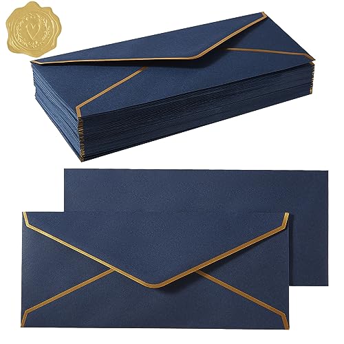 100 Pack #10 Business Envelopes with Gold Border, Self Seal Standard Envelopes with Gold Stickers for Office, Checks, Letter Mailing, Invoices, 4 1/8 x 9 1/2 Inches (Navy Blue)