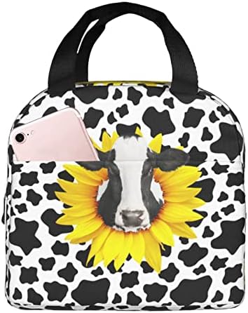 Odfovowo Portable Lunch Bags Sunflower Cow print Insulated Lunch Box Reusable Cooler Tote Bag with Front Pocket for Women