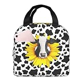 Odfovowo Portable Lunch Bags Sunflower Cow print Insulated Lunch Box Reusable Cooler Tote Bag with F