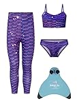Planet Mermaid Mädchen Lila Bademode Leggings mit passendem Tankini Oberteil, Slip und Magic Mono Fin zum Schwimmen und Freizeit.(Enchanted Drops), Verzauberte Tropfen (mit blauer Flosse), 8-9 Jahre