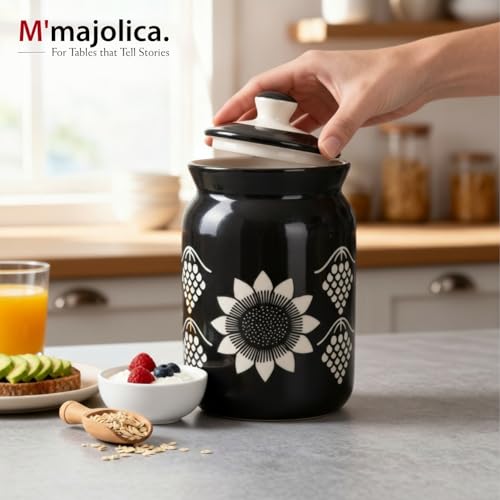Image of Black Grapes Printed Ceramic Handglazed Pickle Jars Set of 2-1000 ML Each | 1 kg Achaar Martban Barni Jar with Lid | Ceramic Storage Jar Container Pickle, Chatney