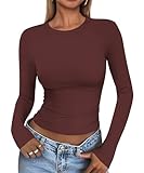 Cuptacc Langarmshirt Damen Eng Solid Color Tops Skims Scoop-Ausschnitt Mädchen Langarm Shirt Elegant Leicht Und Luftig Sportbekleidung Weinrot S