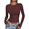Cuptacc Langarmshirt Damen Eng Solid Color Tops Skims Scoop-Ausschnitt Mädchen Langarm Shirt Elegant Leicht Und Luftig Sportbekleidung Weinrot S