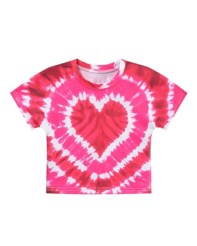Image of Tkria Girl Crop Tops Valentine Short Sleeve Tshirt Tie Dye Heart Teen Girls Shirt Clothes 6-14 Years