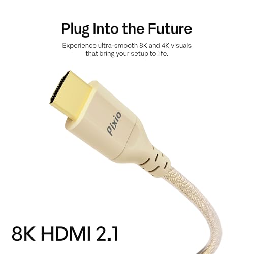 Image of Pixio Beige 8K HDMI 2.1 Cable Ultra Certified Ultra High Speed 6FT 8K 60Hz 4K 120Hz Nylon Braided, Gold Plated Connector, Anti-Breakage, HDR10+, dtsx, eARC, HDCP, Dolby Compatible