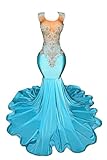 Engerla Blue Prom Dress Bead Applique Pageant Celebrity Gala Mermaid Evening Party Dress Church Train US16