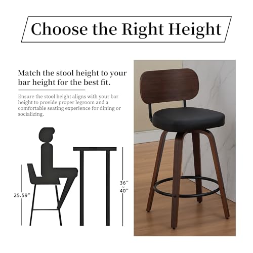 Image of Shenyon Counter Stools Set of 4, 26 inch Swivel Counter Height Bar Stools with Walnut Back,Upholstered PU Leather, Bentwood Legs, Mid Century Modern Bar Chairs for Kitchen Island, Black