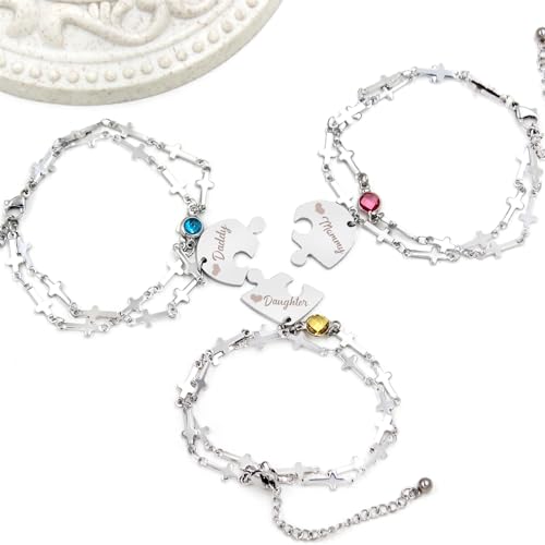 Image of Best Friend Forever Puzzle Heart Bracelet Set with Birthstone - Stainless Steel BFF Friendship Forever Matching Heart Cross Link Bracelet for Family Love Friendship Jewelry Gift Sets