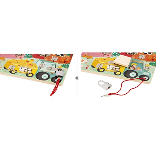 Janod - Brett mit Schlössern - Der Bauernhof - Aktivitätsbrett - 5 Schlosstypen - Spielzeug aus FSC-Holz - Ab 3 Jahre, J07119