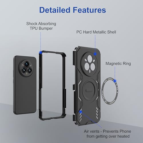 Image of amazon basics Back Case Cover for Realme 14 Pro Plus 5G | MagSafe Case with Built-in Metal Ring | Supports MagSafe Charger, Wallet & Car Mount | Shockproof Hybrid PC + TPU | Black