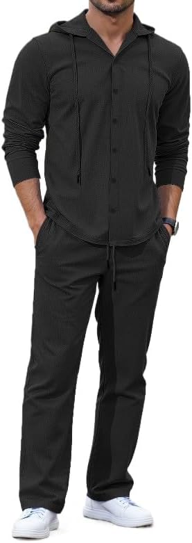 Mens loose linen hooded long sleeved shirt/pants set, casual button up yoga straight leg pants two-piece set