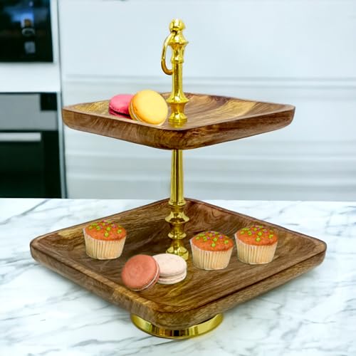 Image of 2-Tier Wooden Dessert Stand with Gold Metal Frame - Elegant Square Tray Display for Cakes, Cupcakes, Pastries - Perfect for Parties, Weddings