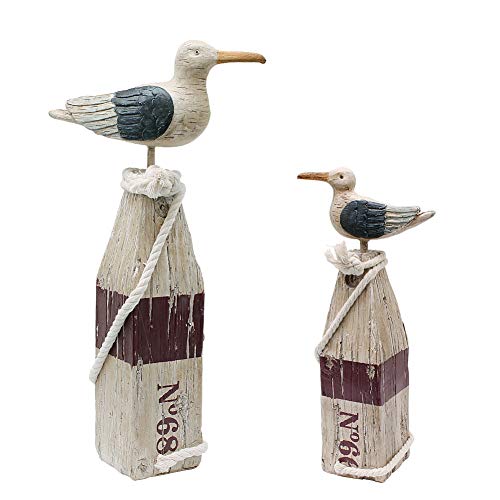 Seagull Statue Decor Nautical Theme Sea Bird Sitting On A Pillar Hand Carved Seagull Figurine Home Decor, Resin, 15.5" H (S+L) #TOP10