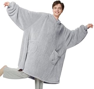 Bedsure Oversized Wearable Blanket Hoodie Men Women - Fluffy Fleece Hoodie Blanket for Adults, Warm Hooded Blanket as Gifts for Her, Grey, 107 x 90 cm