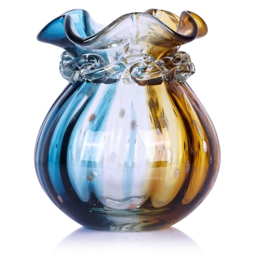 oliruim 手吹きガラス花瓶 モダンブルーブラウン吹き丸アートガラス花瓶 ホームセンターピース ダイニングルーム、コーヒーテーブル、オフィスデスク、結婚式用、美しいステンドグラス装飾花瓶のサムネイル