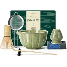 Renmxj Matcha Whisk Set,7 PCS Ceramic Matcha Kit Includes Matcha Bowl with Spout, Matcha Whisk and Holder, Bamboo Scoop, Stainless Sifter, Towel, Unique Gift for Matcha Lovers Green Mottle