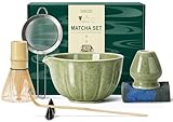 Renmxj Matcha Whisk Set,7 PCS Ceramic Matcha Kit Includes Matcha Bowl with Spout, Matcha Whisk and Holder, Bamboo Scoop, Stainless Sifter, Towel, Unique Gift for Matcha Lovers (Matcha Green)