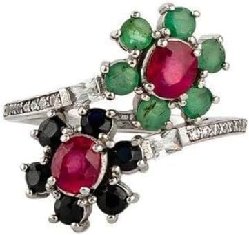 – Silviny “Whispers of Stones” Journey Multi-Stone Ring for Women - 925 Italian Sterling Silver Floral Bypass Design - Garnet, Emerald & Black Onyx with Clear Accent Stones - Size 18