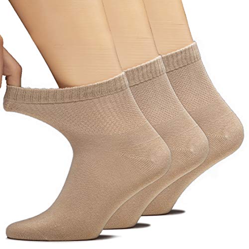 Hugh Ugoli Women s Bamboo Ankle Loose Fit Diabetic Socks, Soft, Seamless Toe, Wide Stretchy, Non-Binding Top, 3 Pairs, Beige, Shoe Size: 6-9