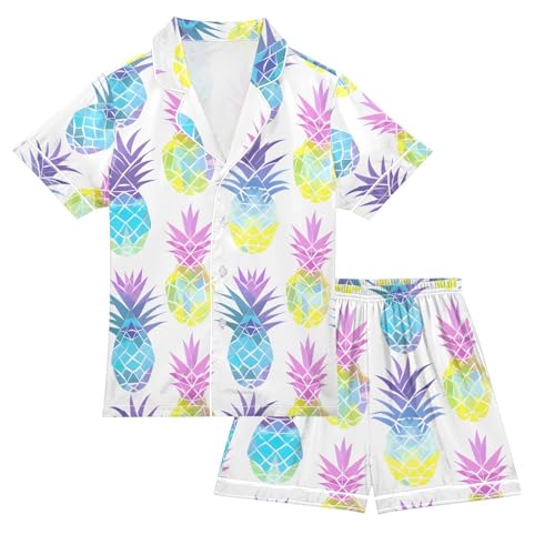 ALAZA Colored Pineapple Fruit Pajamas Satin Pajama Set Short Sleeve Button Down Sleepwear