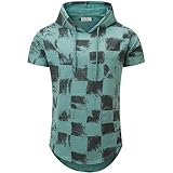 KLIEGOU Men's Hipster Hip Hop Hoodie Check Print T-shirt Green XXL