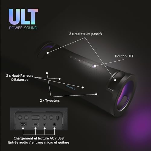 Sony ULT Field 7 - Enceinte Portable sans Fil Bluetooth ULT Power Sound, Modes Son Deep Bass & Attack Bass, HP X Balanced, 30h d'autonomie, IP67, Waterproof, Eclairage LED, entrée Mic, Guitare - Noir