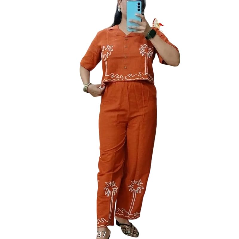 Orange Embroidered Short Sleeves Shirt and Pant Set For Women's-picture-11