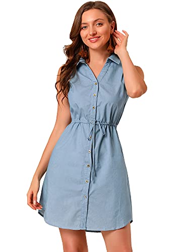 Image of Allegra K Women's Chambray Dress Sleeveless Button Down Jean Denim Shirt Dresses