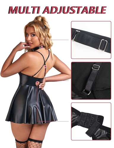 ohmydear Lederkleid Damen Sexy Kurz Babydoll Leder Dessous A-Linie Clubwear Outfit für Frauen Curvy Unterwäsche PU-Leder Kleid für Party Schwarz