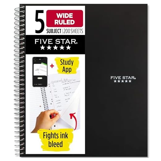 Five Star Spiral Notebook, 5-Subject, Wide Ruled Paper, Fights Ink Bleed, Water Resistant Cover, 8" x 10-1/2", 200 Sheets, Black (72045)
