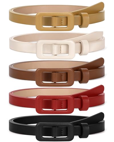 VONMELLI 5 Pack Women Skinny Leather Belt Thin Waist No Hole Belt for Ladies Jeans Dress Pants, Black Red Brown Beige Khaki XS