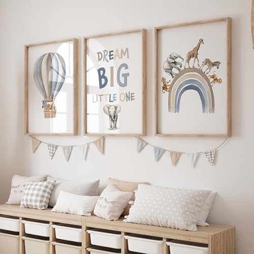 Image of Rose Rowan Design Safari Animal Set of 3 Prints for Nursery, Rainbow Wall Art for Baby Bedroom, Nursery Decor, Hot Air Balloon, Dream Big Little One -Blue, A4