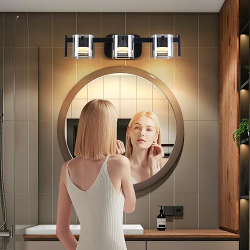 Image of MantoLite 3-Light Black LED Bathroom Vanity Light with Glass Shades | 3 Color Temperatures LED Bathroom Lighting Fixture Over Mirror, 15W 900 Lumen 30 Adjustable Matte Black Frame
