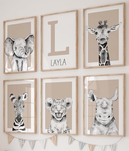 Image of Personalised Safari Animals Set of 6 Unframed Poster Prints For Boy Girl Nursery Bedroom, Personalise Name, 5 Colour Combinations, Neutral Safari Theme Wall Art, Beige Blue Sage Blush Grey (A3)