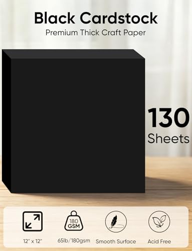 130 Sheets Black Cardstock Paper 12x12, 65lb Thick Card Stock 12x12 Bright Black Scrapbook Paper for Cricut Printer, Card Making, Invitations, Photo Albums, DIY Crafts, School Projects, Smooth Surface - Image 2