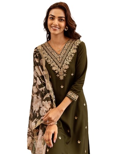 Image of INDO ERA Women's Embroidered Viscose Rayon Kurta & Pant With Dupatta Set
