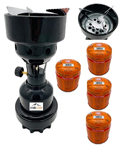 SMH LINE® Campingkocher Kohleanzünder Gaskocher Grillanzünder + 4x Gaskartuschen 190g Stechkartuschen Butan Propan Mix Metall Gasbrenner Grill Camping Outdoor (Schwarz + 4x 190g Gaskartuschen)