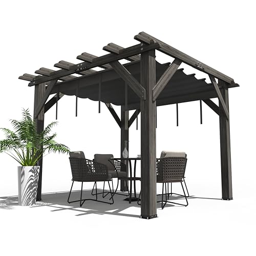 GAOMON 10 X 10 FT Wood Pergola Retractable Shade Canopy Outdoor Wooden Pergola for Patio Backyard Deck Garden, Charcoal Gray, 10x10 Ft-4 Boxs