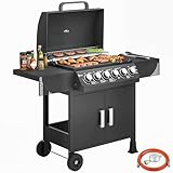 Outsunny Barbacoa de Gas BBQ Gas con 6 Quemadores 15 kW, Barbacoa Portátil con Termómetro, Mesas Laterales, Armario, Rejilla Calentadora, Parrilla, Recogedor de Grasa, 2 Ruedas y Tapa, Negro
