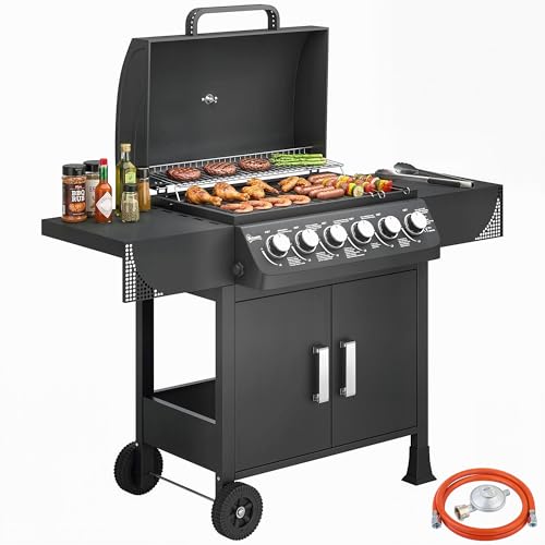Outsunny Barbacoa de Gas 6 Quemadores 15 kW con Termómetro y Tapa - Negro