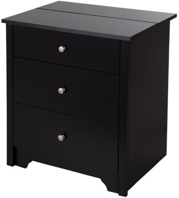 Pemberly Row Small Nightstand Table, 3 Drawers, Wood, Black Finish, Matte Nickel Knobs, Sliding Tray with Hidden Charging Station, Cord Management, Modern Bedside Table for Bedroom Storage
