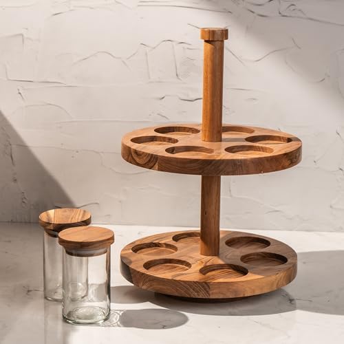Image of Masara Rotating Spice Rack with 12 Glass Jars & Airtight Acacia Wood Lids | 360 Wooden Masala Stand Organizer | 240ml Jars | Kitchen Spice Storage Carousel | 10 x 10 x 14.5 Inches