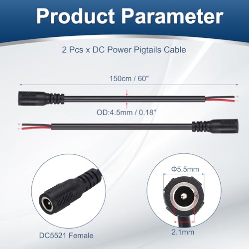 Cable de alimentación CC con conector de 5.5mm x 2.1mm resistente y cobre puro de 150 cm 2