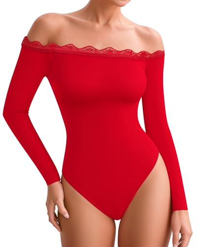 MANGOPOP Women's Off The Shoulder Long Sleeve Bodysuit Lace Body Suits Sexy Tops Fall Outfit 2025 Red L