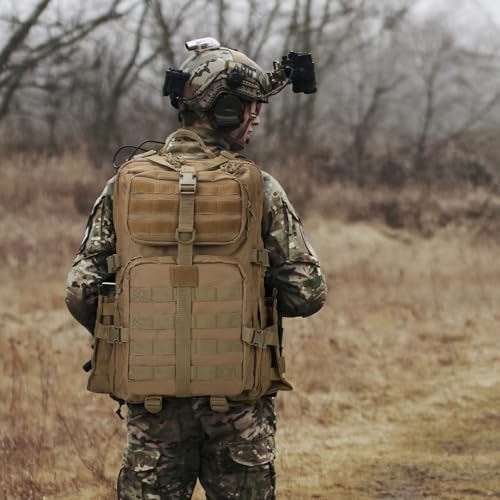 Image of REEBOW GEAR Military Tactical Backpack for Men 3 Day Survival Bag Tan | 40-45L Large Bag, Bottle Holder On the Side, MOLLE, for Outdoor Sports Hunting Hiking, Daypack Bug Out Rucksack Work Bag