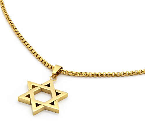 Mens Stainless Steel Gold Tone Star of David Medal Pendant 24