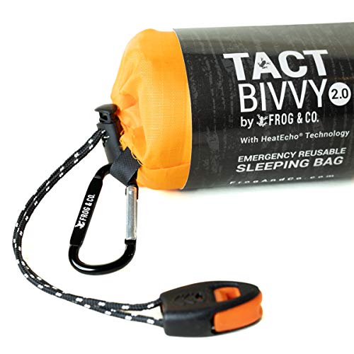 Survival Frog Tact Bivvy 2.0 Emergency Sleeping Bag W/Stuff Sack, Carabiner, Survival Whistle, Paratinder - Compact, Lightweight, Waterproof, Reusable, Thermal Bivy Sack Cover, Shelter Kit (Orange) #TOP4